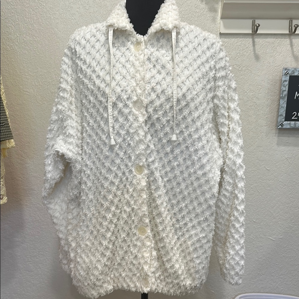 Produce Company Cozy Ivory Teddy Terry Cloth Button Jacket Large